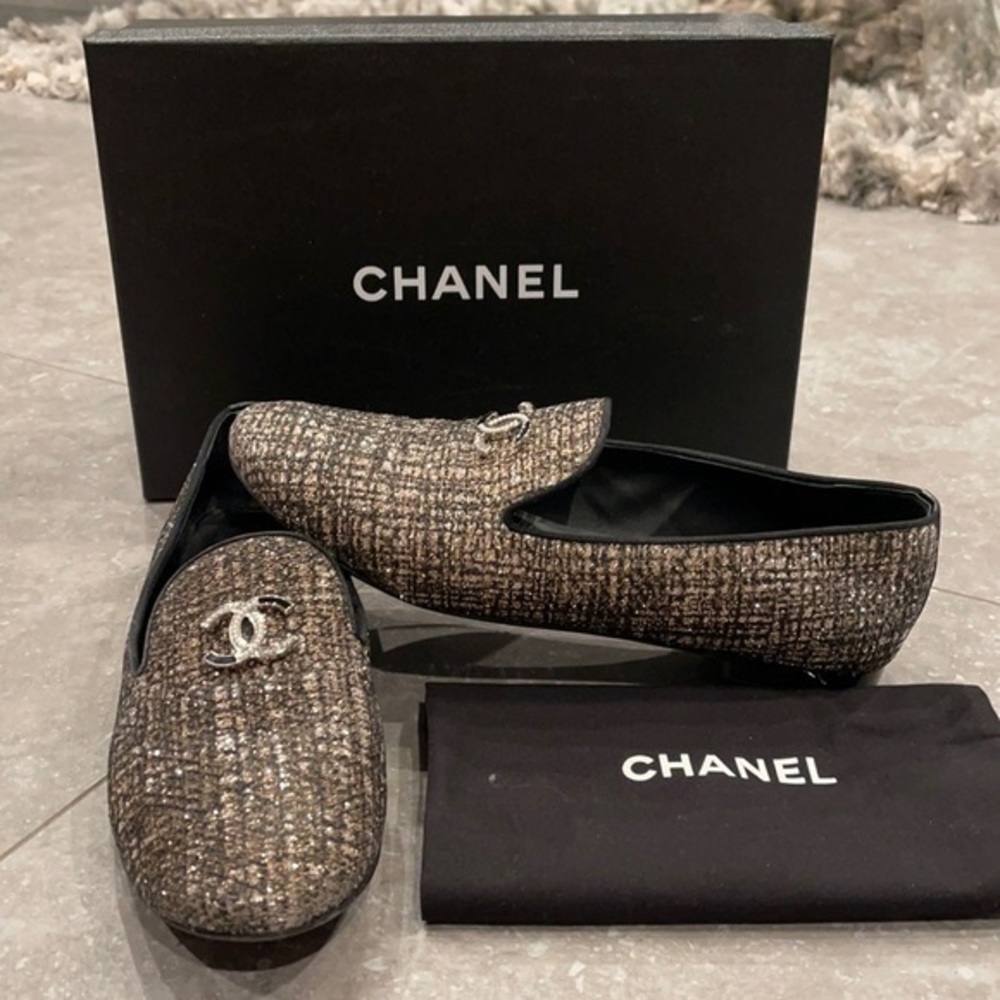 Chanel 19P Black Pink Glitter CC Logo Mule Moccasin Ballet Loafer Flat